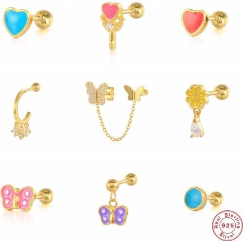 GS 925 Sterling Silver Blue Pink Enamel Heart Stud Earrings For Women Butterfly Ear Studs Dripping Oil Craft Piercing Jewelry