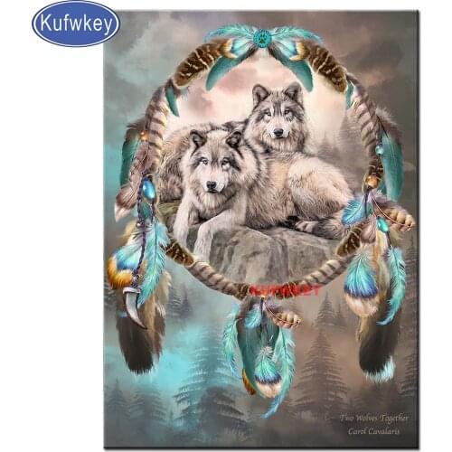 Diamond Embroidery Full Round Drill,Wolf Dream Catcher feather diamond Painting Mosaic Indian pattern For Animal Home Art