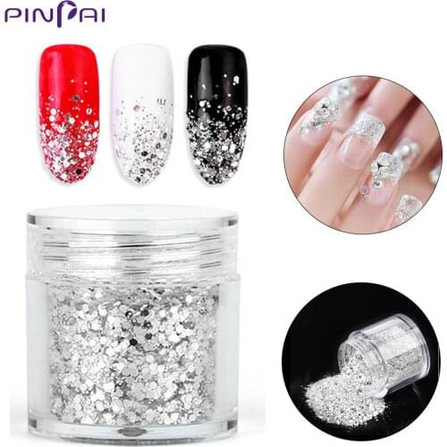 Shiny Silver Mix Size Nail Art Glitter Powder 3D Hexagon Shape Sequins Acrylic Powder Dust for Manicure DIY Nail Art Decoration