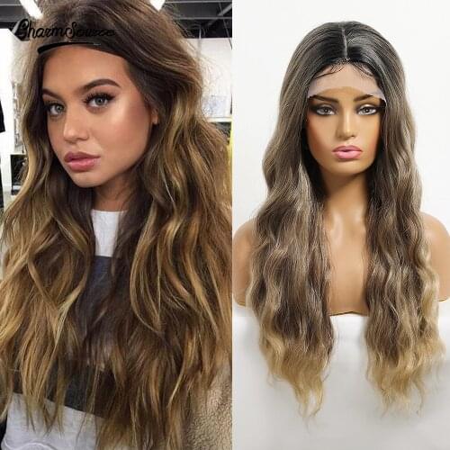 CharmSource Long Natural Wavy Brown Ombre Blonde Wigs Lace Front Synthetic Wig for Women Daily Party High Density Heat Resistant