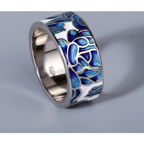 CIZEVA New Design Silver Ring for Women Romantic Blue Enamel Flower Petal Shiny Zircon Ring Fashion Jewelry Eveing Party Bohemia