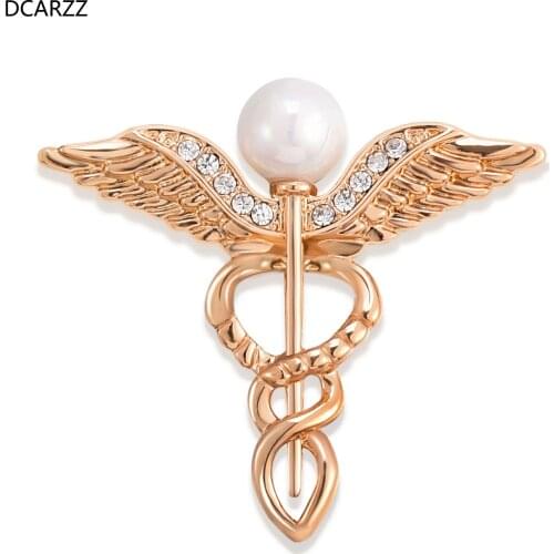DCARZZ Gift Medical Brooches Pins Metal Cute Doctor Nurse Gold Silver Plated Rod Of Asclepius Jewelry Crystal Pin Woman Gift
