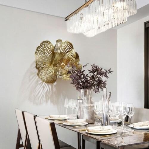 European Three-dimensional Wall Decoration Handmade Wrought Iron Wall Decoration with Gold Leaf Bedroom Creative Golden Pendant