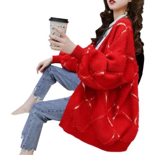 Spring Autumn Fashion V-neck Knitted Sweater Cardigan Women Long-Sleeve Loose Mid-Length Knitwear Jacket Female Sweaters G1230