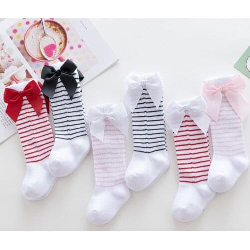 Summer Autumn Baby Girls Stripe Socks Bow Long Sock Kids Knee High Soft Cotton Spanish Christmas Children 0-3 Years Kids Socks