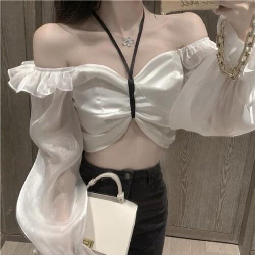 Summer Women Backless Crop Solid Sexy Low-cut Tops Lady Elegant Square Collar Puff Sleeve Ruffles Blouse Chiffon Casual Shirts