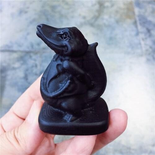 Cute Natural Stone Black Obsidian Handmade Carved Crocodile Statue Craft Figurine Powerful Statue For Home Decoration Gift