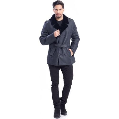 Mens Leather Shearling Jacket Black Lapel Jacket Classic Double-Breasted Belt Design Stylish and Generous