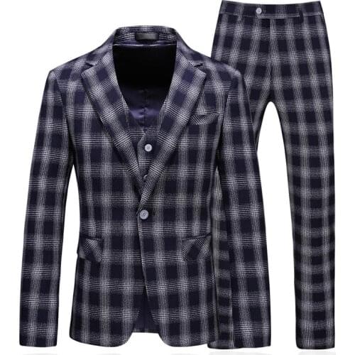 Men Blue Plaid Suit 3-pcs(Blazer+vest+pants)Single row one button Men Wedding Suit Slim Fit Prom Tux Formal Dress Business Suits