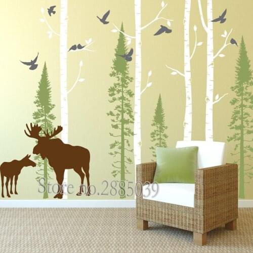 Wall Stickers Tree Deer and Birch Tree Wall Decal Birch and Forest Art Living Room Sofa Background Wall Decor Branches LA927