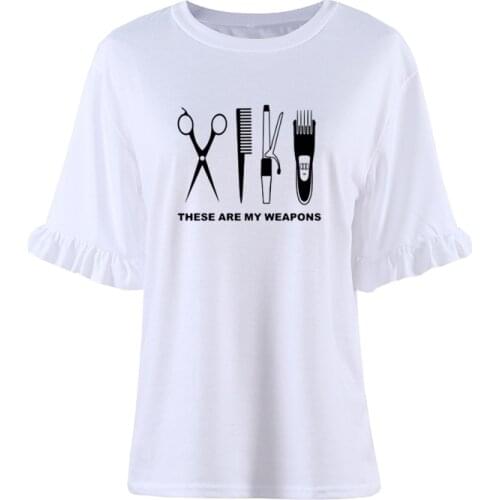 New Summer Women Hairdresser T Shirt Cool Printed Barber Weapons Woman Cotton Petal Sleeve Scissors Girl Tops Tees Plus Size