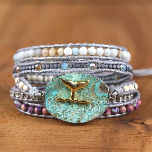 2021New Whale Tail Inlaid Haiyang Stone Hand Woven Leather Bracelet Ocean Style Bracelet Couple Gift Charm Lady Bracelet