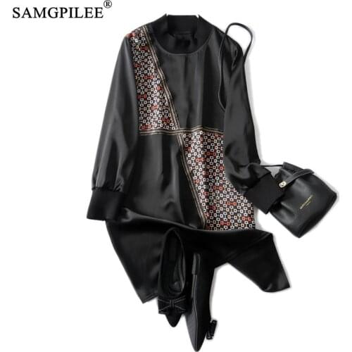 Dress Women 2021 New Office Lady A-line Patchwork Spliced Satin High Quality Full Sleeve Loose Empire O-neck Woman Dresses 4XL