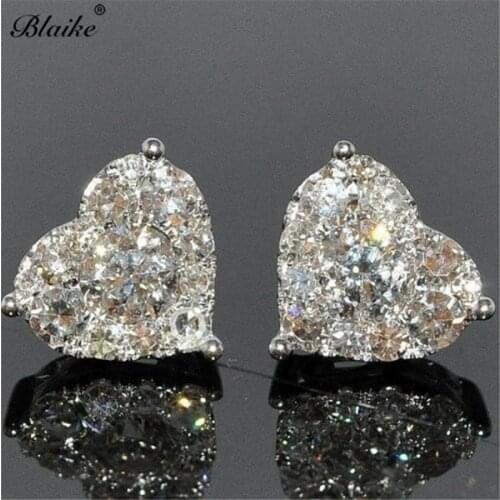 Blaike Silver Color Heart Stud Earrings For Women White Zircon Bride Wedding Engagement Earrings Jewelry Gifts