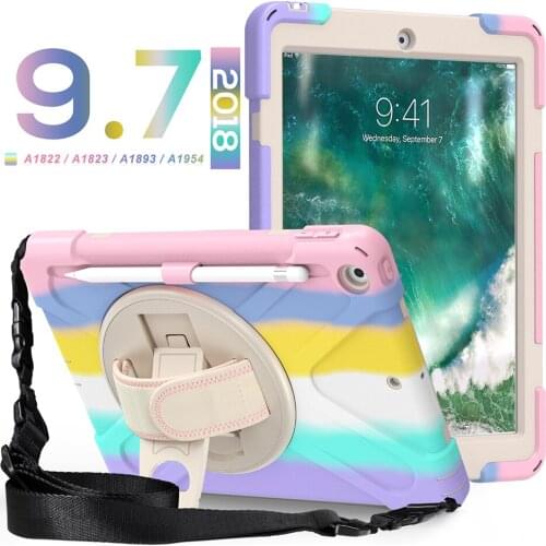 Silicone Case with 360 Rotating Kickstand and Shoulder Strap for iPad 9.7 Shockproof Case 2017 2018 6th Gen Durable Cover+Pen