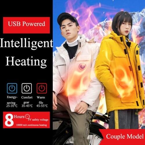 Intelligent Heating Jackets Outdoor Mens Womens Long Sleeve USB Charging Heated Vest Hooded Thermal Cotton Padded Clothes Coat