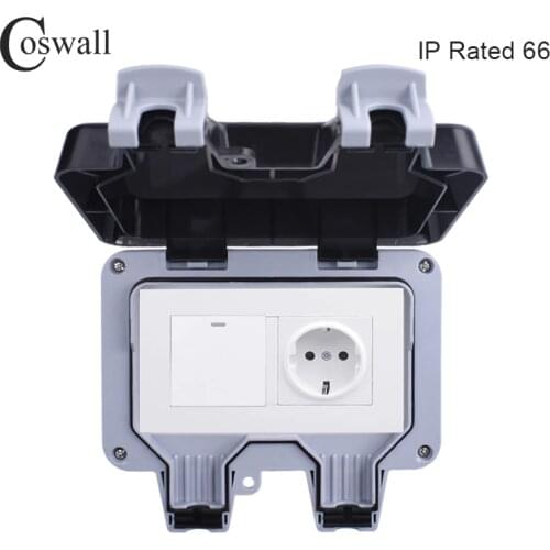 Coswall IP66 Weatherproof Waterproof Outdoor Wall Power Socket 16A EU Standard Outlet With 1 Gang 1 Way On / Off Light Switch