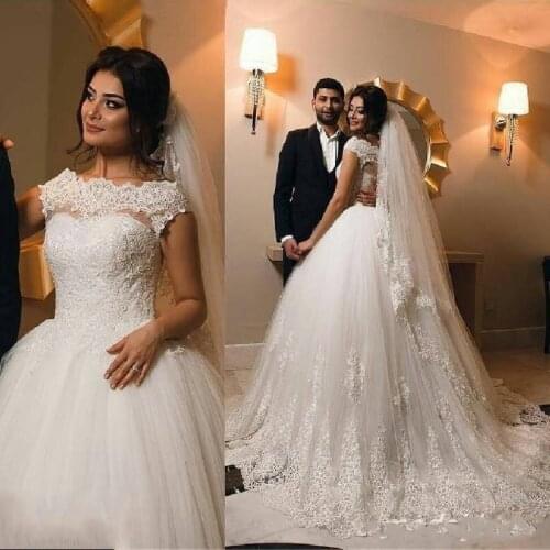 Well DesignCap Sleeves Lace Wedding Dresses Sweep Train Saudi Arabic Ball Gown Wedding Dresses 2021