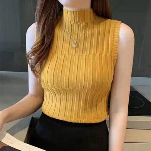Women Half Turtleneck Sleeveless Slim Knitted T-Shirt Vest Sexy Fashion Casual Half-high Collar Hooded Bottoming Outer Wear