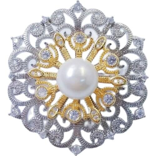 MADALENA SARARA Cubic Zircon Women Brooch Pin Double Flowers Style Pearl Elegant For Women Suit Jewelry Two Colors Combined