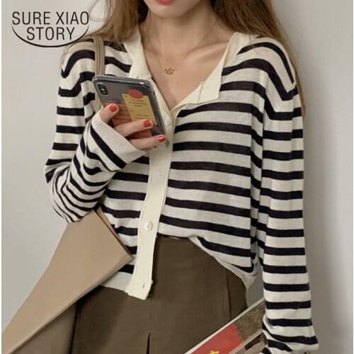 Spring New College Style Striped Cardigan Thin Tops Korean Knitted Wild Blouse Women Loose Thin O Neck Short Coat Female 12896