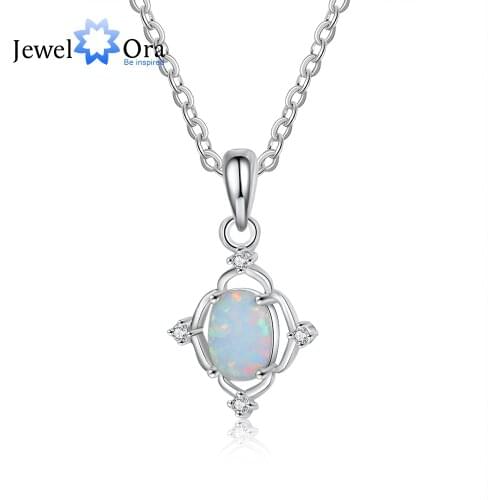 JewelOra Designer Luxury Created White Fire Opal Necklaces for Women Silver Color Pendant Jewelry Wedding Accessories