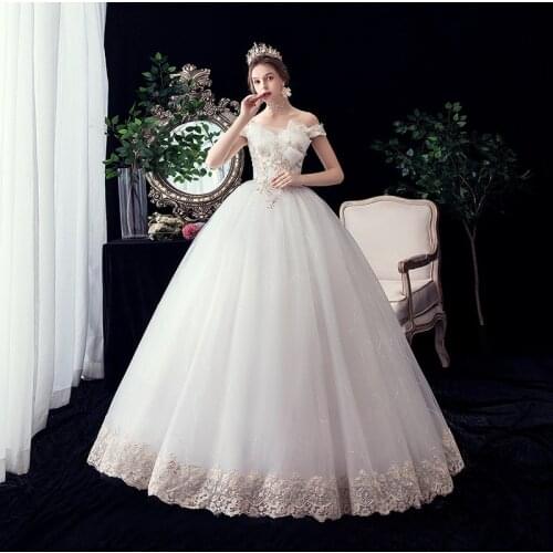 Gold Lace Boat Neck Wedding Dress Gowns Robe Princesse Mariage Plus Size Tulle Mariage Bridal Dress Vintage Vestidos De Novia