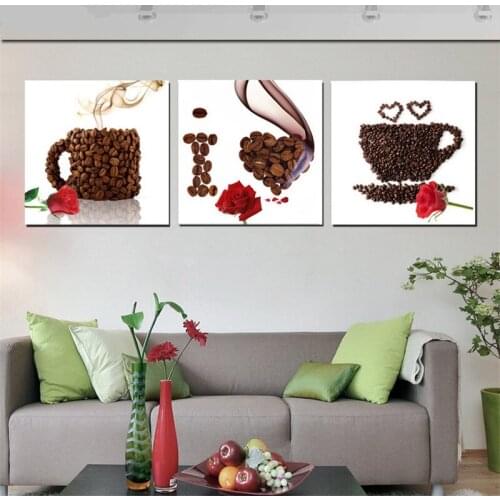 3 Pcs Canvas Print Wall Art Coffee Painting Beans Mugs I Love You Cafe Shop Modern Home Kitchen Decor Pictures Postes Unframed