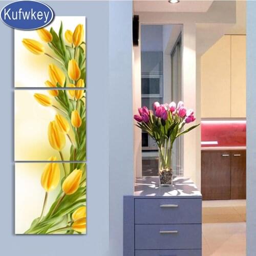 5d round diamond Embroidery 3 Piece Yellow Tulip Flower diamond Painting full square round drill Wall Art mosaic diamond Picture