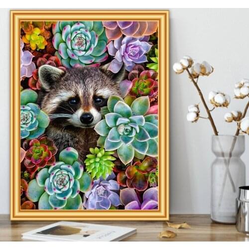 DIY 5D Diamond Painting Succulent Plants Full Drill Square Embroidery Cute Raccoon Animal Mosaic Art Picture of Rhinestones Gift