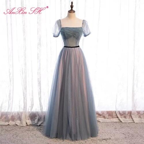 AnXin SH princess blue grey lace evening dress vintage party sweetheart beading crystal sparkly short sleeve bride evening dress