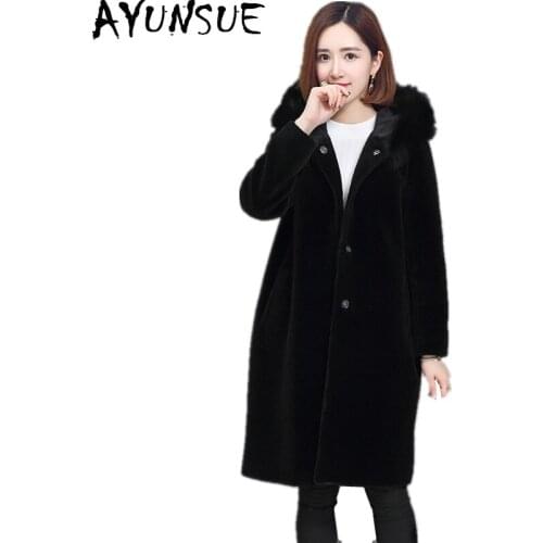 AYUNSUE 2020 Women Real Sheep Shearing Fur Coat Fox Fur Collar Hooded Coats Medium-Long Winter Jacket Plus Size S-5XL NY701