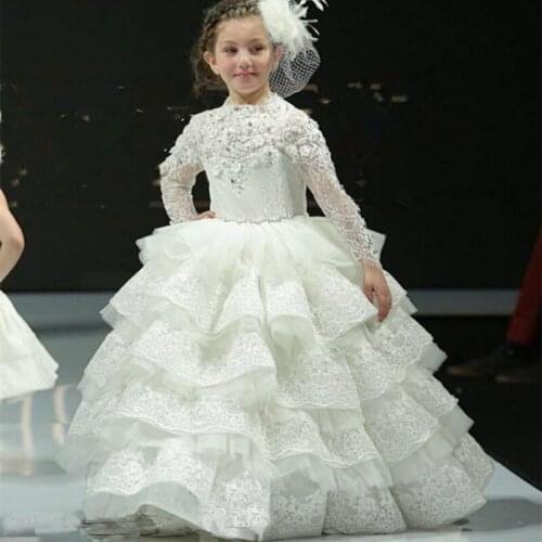 White Ruffles Tier Skirt Flower Girls Dresses O Neck Long Sleece Lace Appliques Toddler Communion Dress