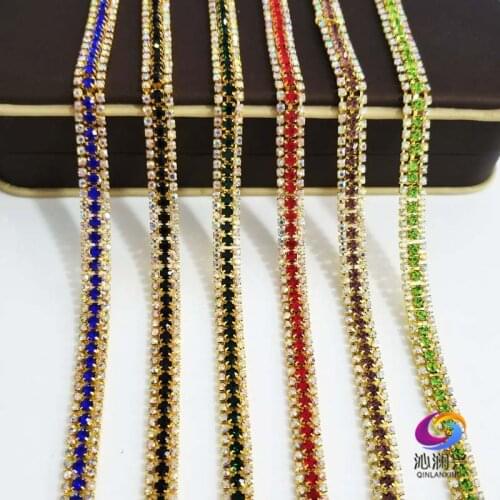 1 yard 3 Rows glass crystal Rhinestone Chain,gold bottom sew on Cup Chains For diy Garment Bags decorations