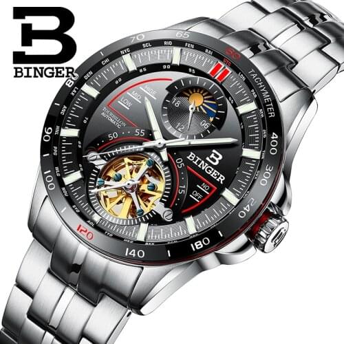 Switzerland BINGER Tourbillion Automatic Mechanical Skeleton Mens Watches Luxury Brand Watch Men Waterproof relogio masculino