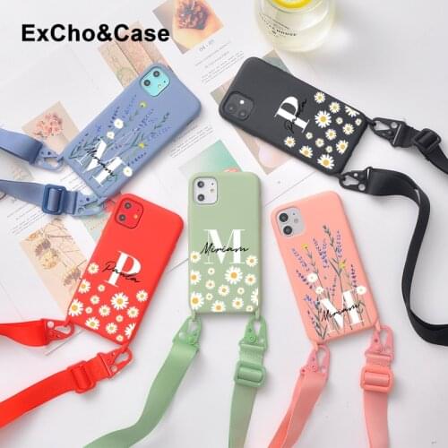 Custom Name Daisy Phone Case For iphone 11 12 Pro Max 7 8 Plus X XS XR Girl Gift Lanyard Cases With Rope Liquid Silicone Cover