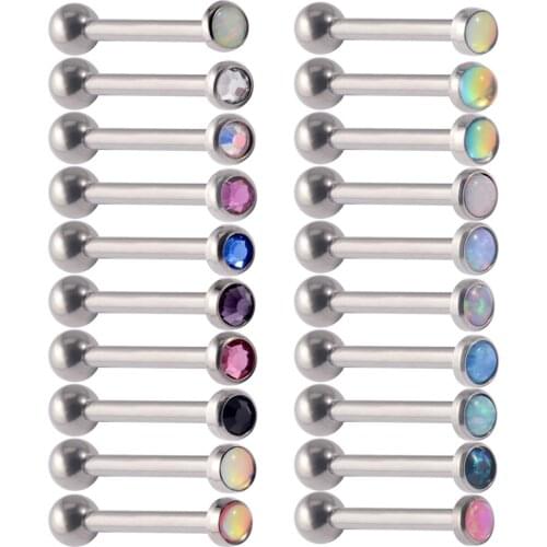 CHUANCI 1PC G23Titanium&Opal&Crystal Gem Tongue Barbell Ring Piercing With Screw Fit Internally Thread Body Piercing Jewelry 14G