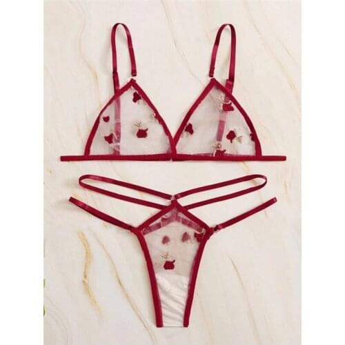Women Transparent Underwear 2pcs Lace Set Flower Embroidery Mesh Hollowing Out Bra +Pantie Intimates Thongs V-String Suit