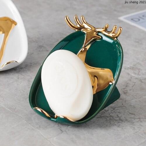 European Ceramic Golden Deer Soap Box Luxury Astronaut Soap Tray Home Bathroom White/green Shelf Can Drain Bathroom Accessories