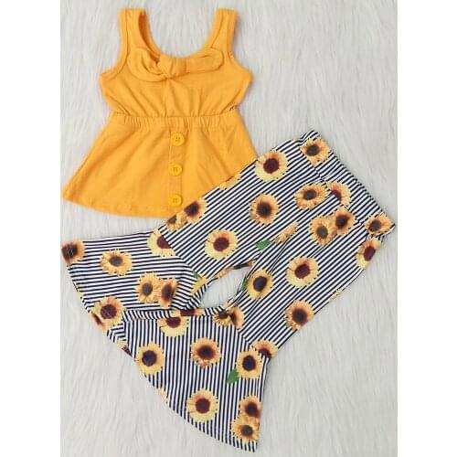 Hot sell summer children sleeveless outfit girl fashion tank top match bell pants clothing set baby girl sunflower set with bow