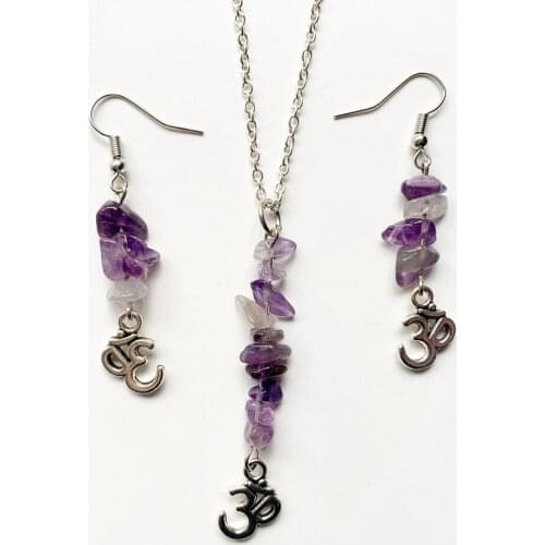 Bhuann Crystal Purple Jewelry Set OM Symbol Pendant Quartz Stone Chip Beads Drop Earrings and Pendant Necklace Set Jewelry