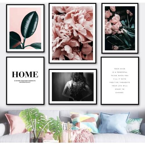 Pink Peony Flower Banyan Leaf Girl Modern Wall Art Canvas Painting Nordic Posters And Prints Wall Pictures For Living Room Decor
