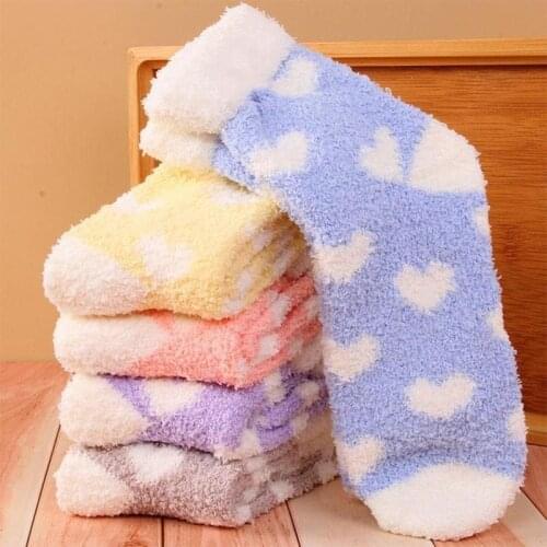 Candy Color Warm Socks Cute Heart Winter Kawaii Thick Casual Women Socks Fuzzy Fluffy Terry Warm Socks Short Cotton Socks
