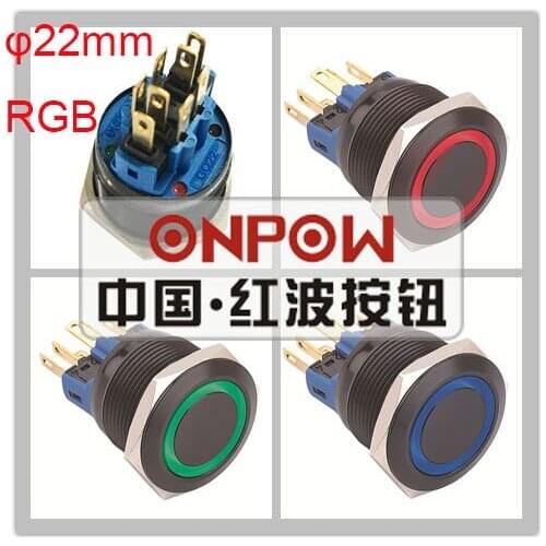 ONPOW 22mm Black Aluminium Alloy Tri-Color RGB Momentary/Latching Ring Illuminated Push Button Switch GQ22-11ZE/42RGB/12V/A