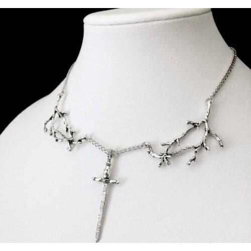 New Gothic Sword Branch Necklace Silver Colour Pendant Witchy Jewelry Medieval Statement Tree Charm Punk Fashion Women Gift