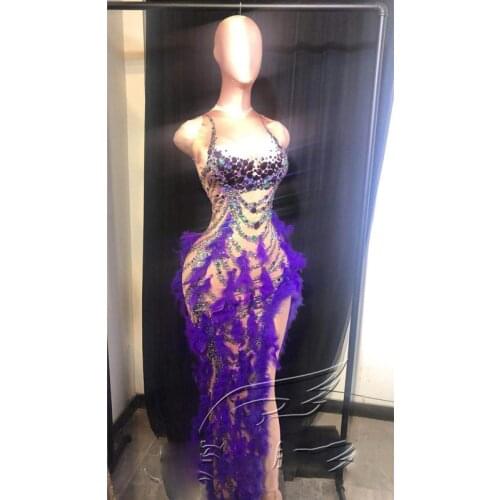 Sexy Women Purple Rhinestone Feather Dress Sleeveless long One-piece Split Dress Cheongsam Women Dancer Bar Show Dress XS1058