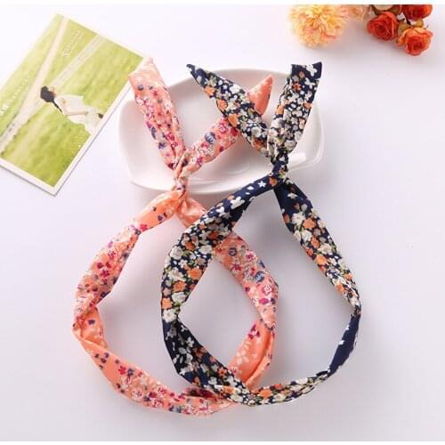 1Pc Cute Flower Dots lip print flower Bunny Rabbit Ear Ribbon Headwear Hairband Metal Wire Scarf Headband Hair Band Accessories