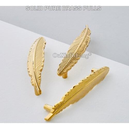 Top Luxury 10PCS Feather Solid Brass Cabinet Door Handles & Knobs Cupboard Wardrobe Closet Drawer Kitchen TV Cabinet Pulls Pens