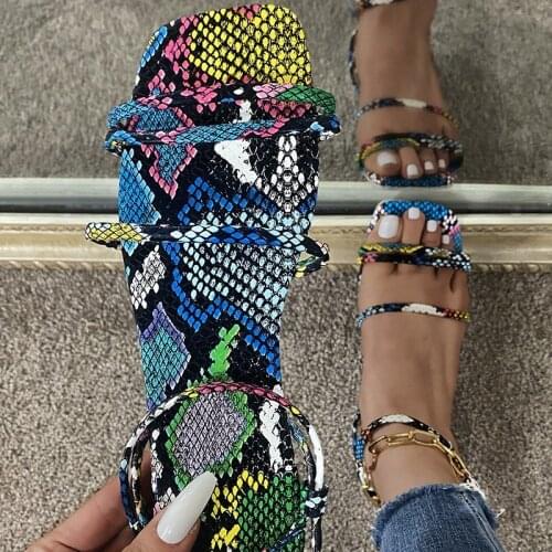 Sandals Fashion Ankle Strap Sandals Womens Shoes Flat Sexy Snake Print Sandals Womens Shoes Large Size 36- 43 Sandals Women