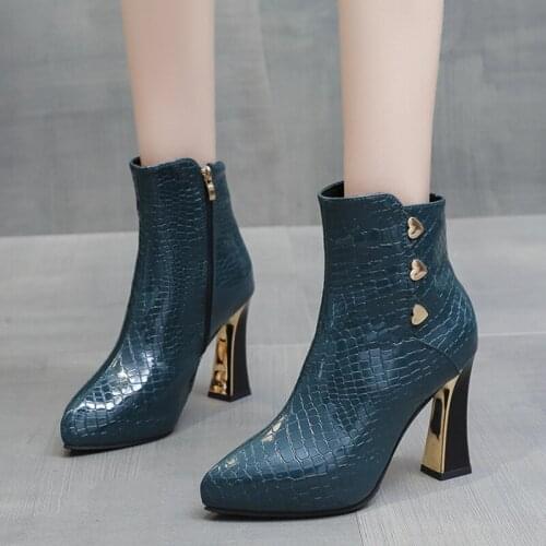 Lucyever Heart Decoration Super High Heels Boots Women Autumn Warm Short Plush Ankle Boots Woman Pointed Toe Thick Heel Botas